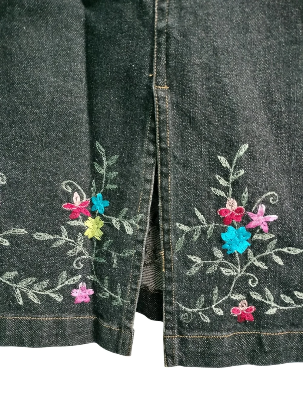 Danny Noble Off The Cuff Dark Wash Denim Midi Skirt Floral Embroidered Size L